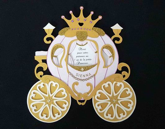 Carte anniversaire princesse carrosse rose et doré – carte enfant personnalisée faite main