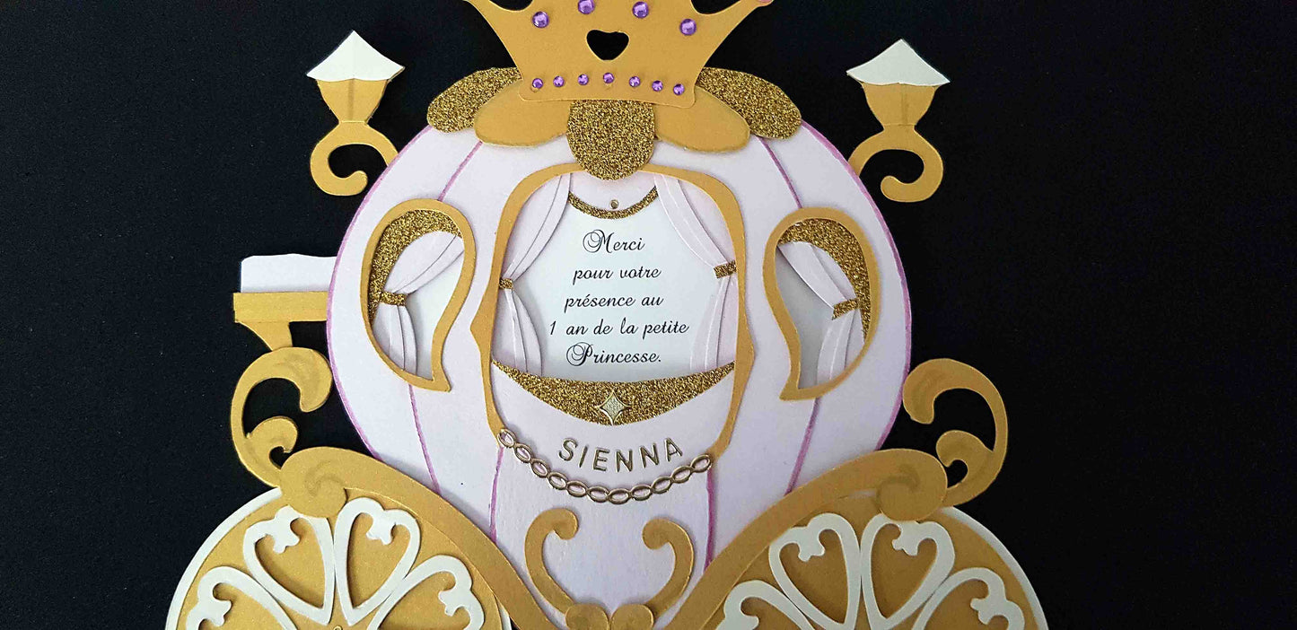 Carte anniversaire princesse carrosse rose et doré – carte enfant personnalisée faite main