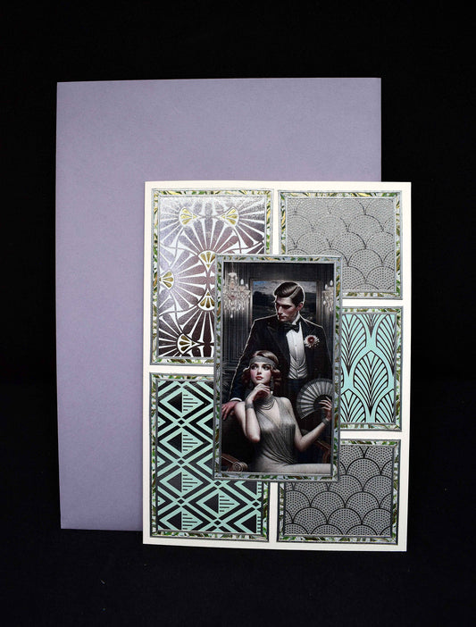 Carte année folle motifs femme à l'éventail et homme