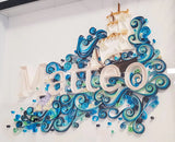 Tableau nominatif décoratif pour chambre  façon quilling motif prénom Mattéo avec bateau,  dauphin et vague en dégradé de bleu