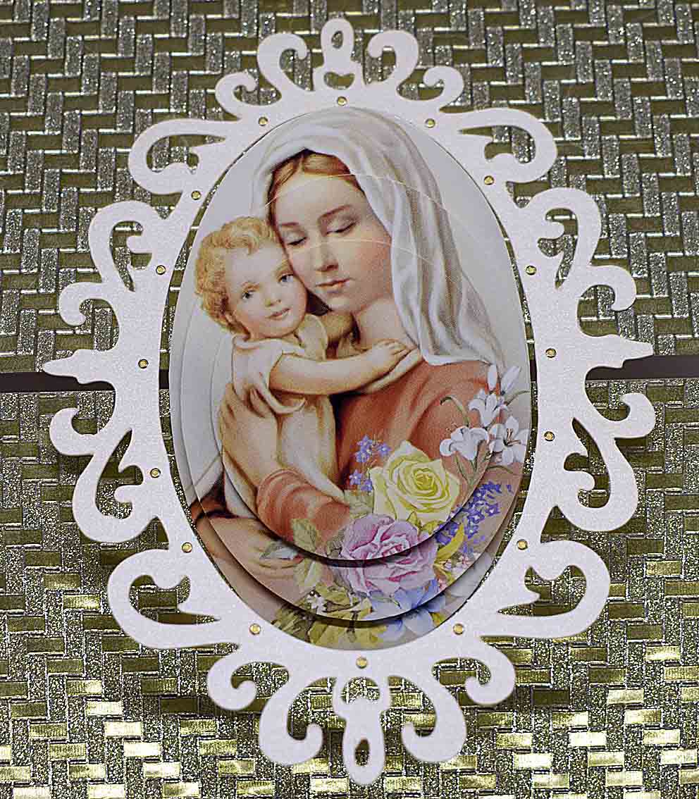 Carte de Noël en 3D blanche et dorée aux motifs religieux