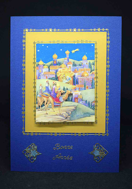 Carte de Noël bleue et dorée au motif en 3D rois mages