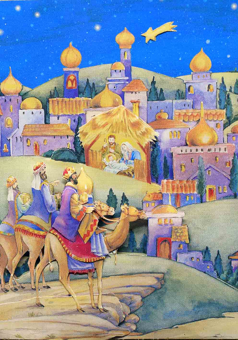 Carte de Noël bleue et dorée au motif en 3D rois mages