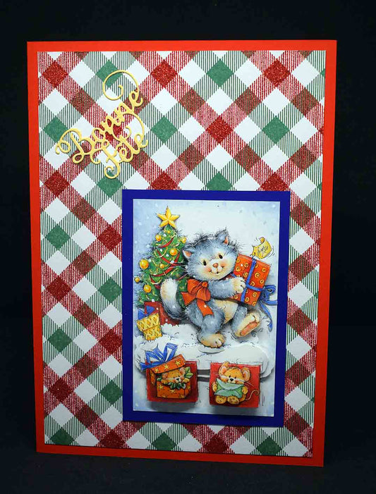 Carte de Noël rouge aux carreaux pailletés motif en 3D chat aux cadeaux