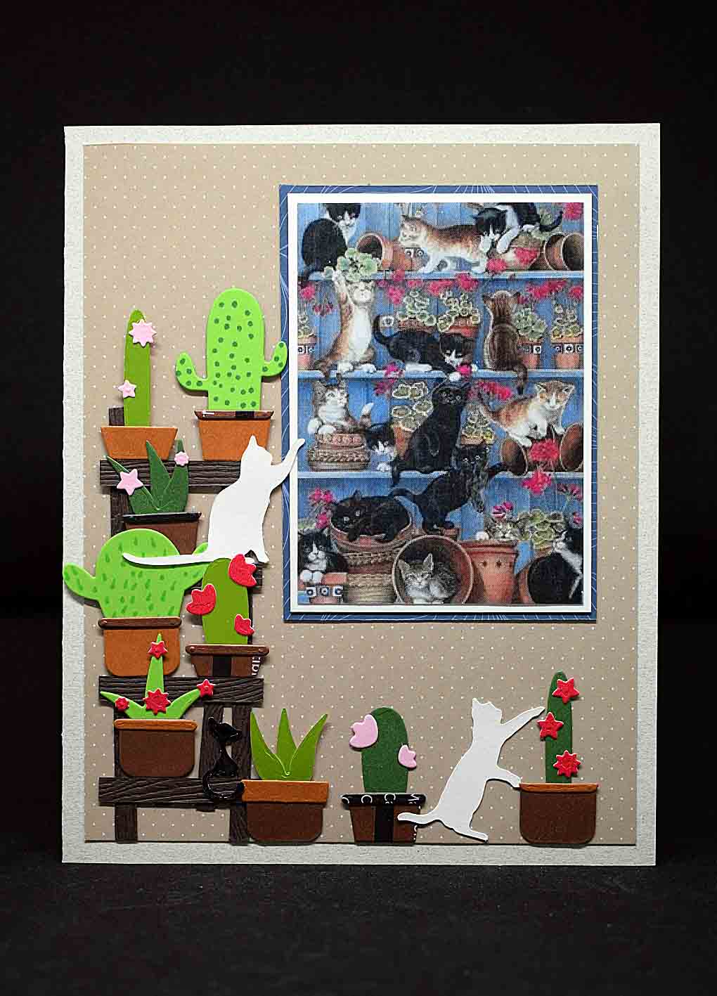 Carte pour anniversaire en 3D aux motifs chats jouants avec des pantes