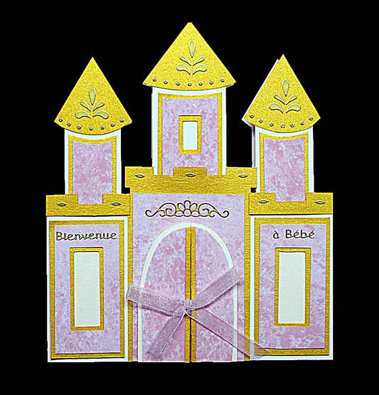 Carte de naissance fille château en relief – Carte bébé princesse artisanale avec enveloppe