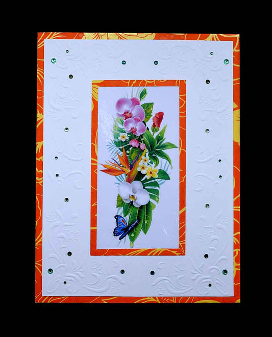 Carte florale embossée et strassée aux fleurs exotiques