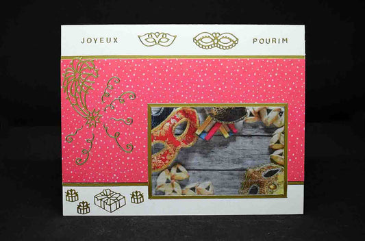 Carte pour fêtes juives, joyeux Pourim, motifs carnaval et stickers dorés