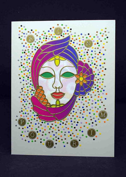 Carte de Pourim 3D femme et confetis – carte artisanale personnalisable fête juive