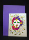 Carte pour fêtes juives, Joyeux Pourim, motifs masque violet rose, femme
