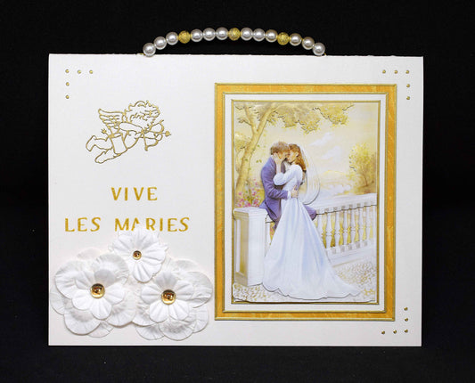 Carte de mariage artisanale 3D fleurs blanches anses perlées - faire-part élégant avec strass