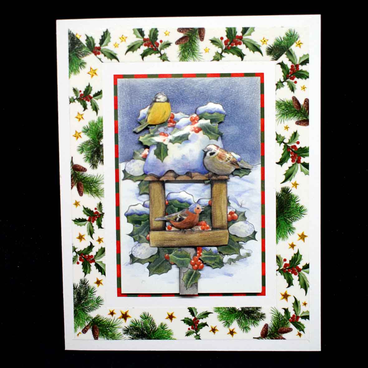 Carte pour noel ou fin d'année blanche motif mangeoire et oiseaux en 3D