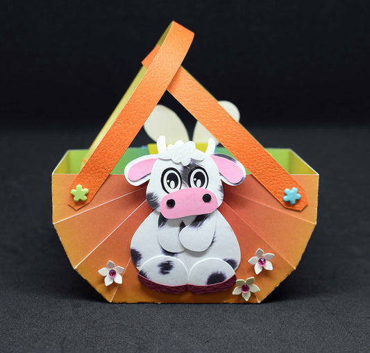 Petit panier enfant en papier 3D – panier lapin et vache, fait main, cadeau gourmand, décoration Pâques