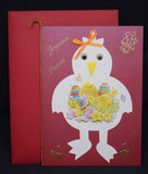 Carte de Pâques en relief rouge, forme poule, 3D poussins et oeufs