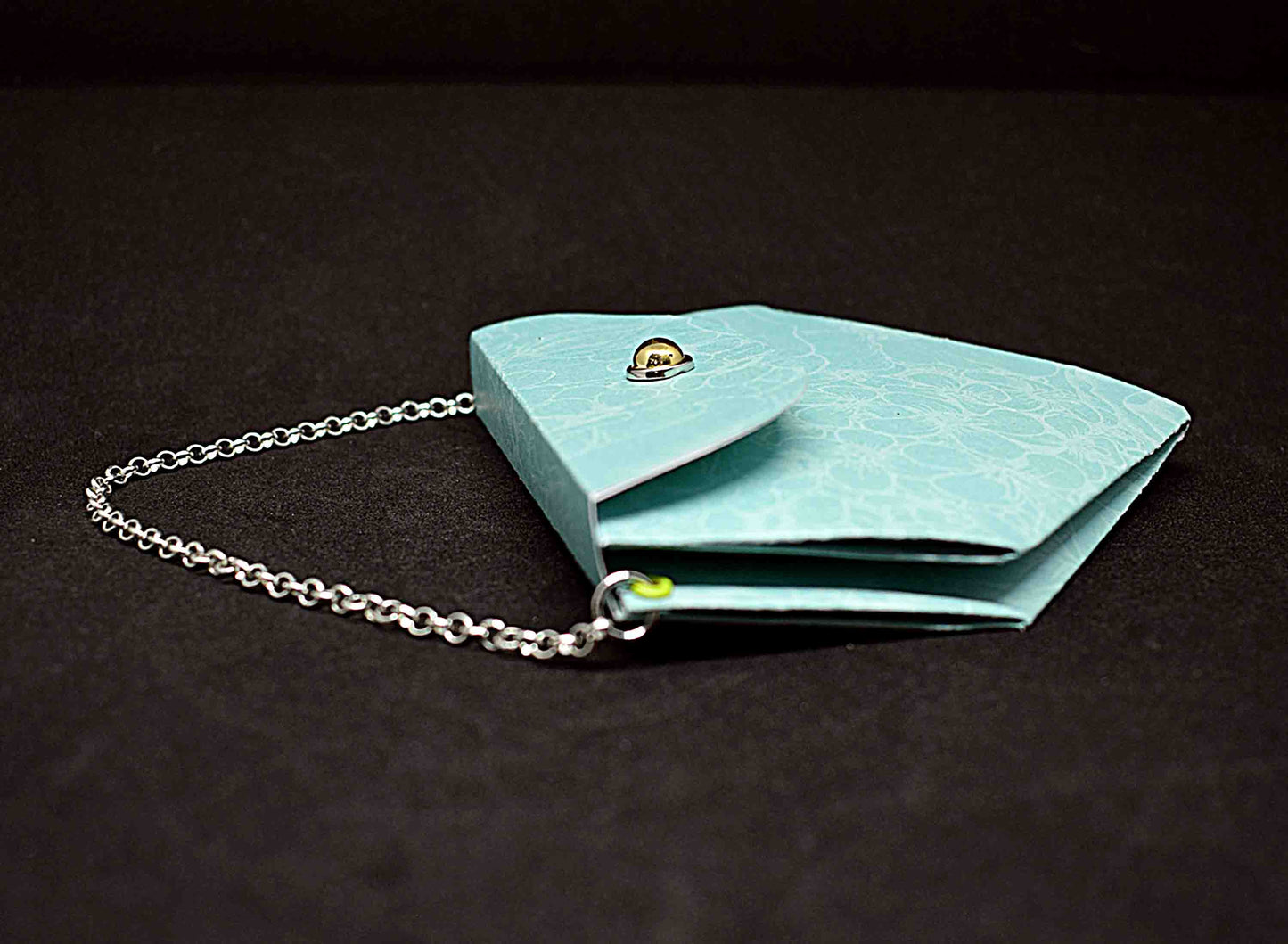 Petit sac à cadeau artisanal vert anse chaine argenté - boite surprise élégante personnalisable