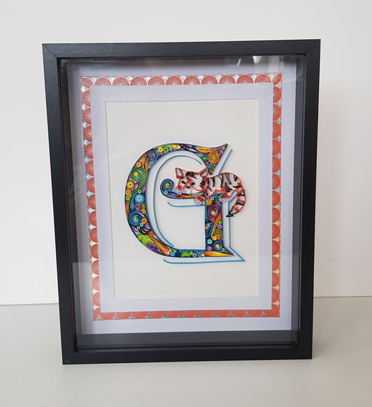 Tableau lettre G et chat personnalisé – décoration chambre enfant en quilling 3D artisanale