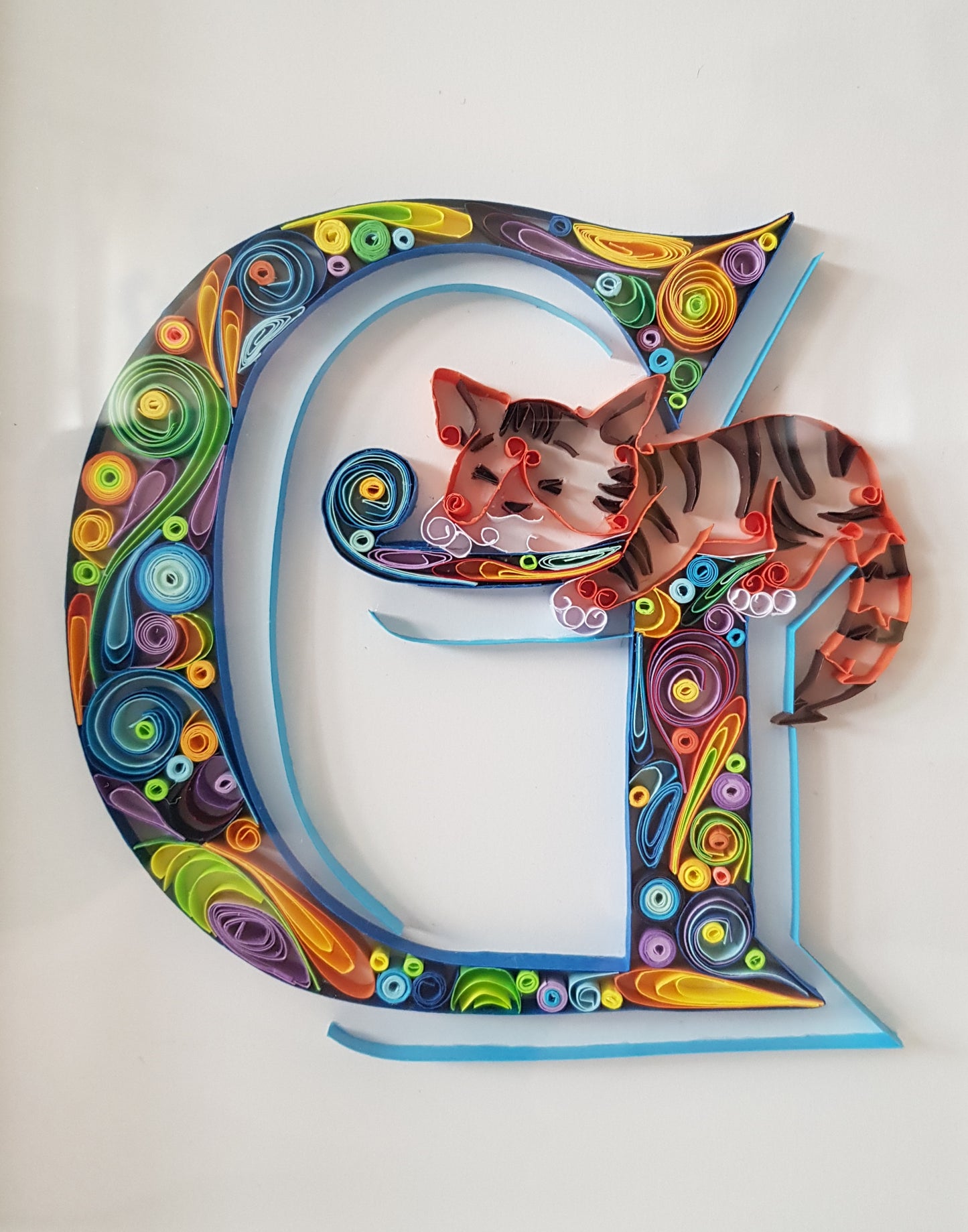 Tableau lettre G et chat personnalisé – décoration chambre enfant en quilling 3D artisanale