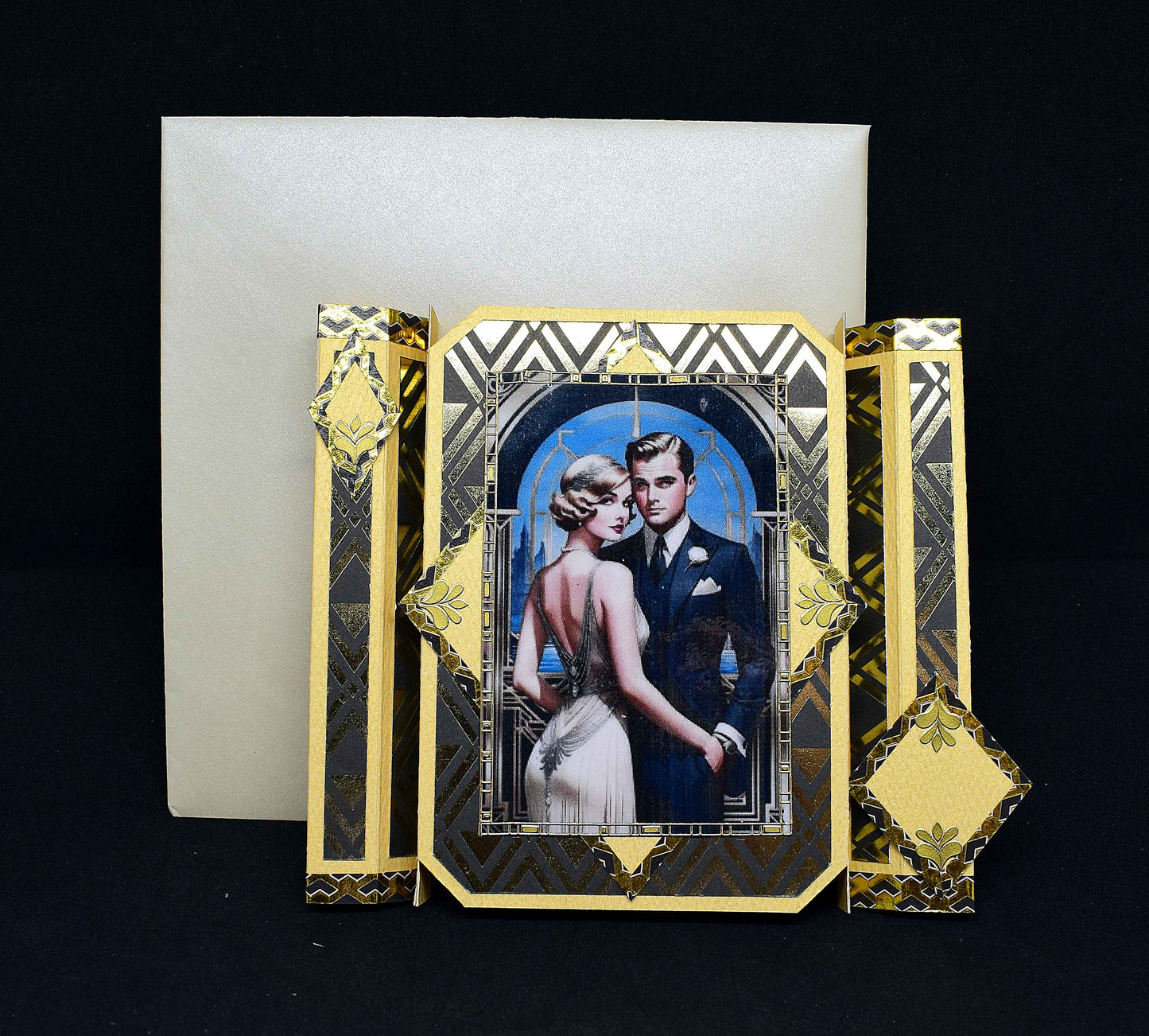 Carte Art Déco couple 3D – carte élégante style années 20 – création géométrique artisanale unique