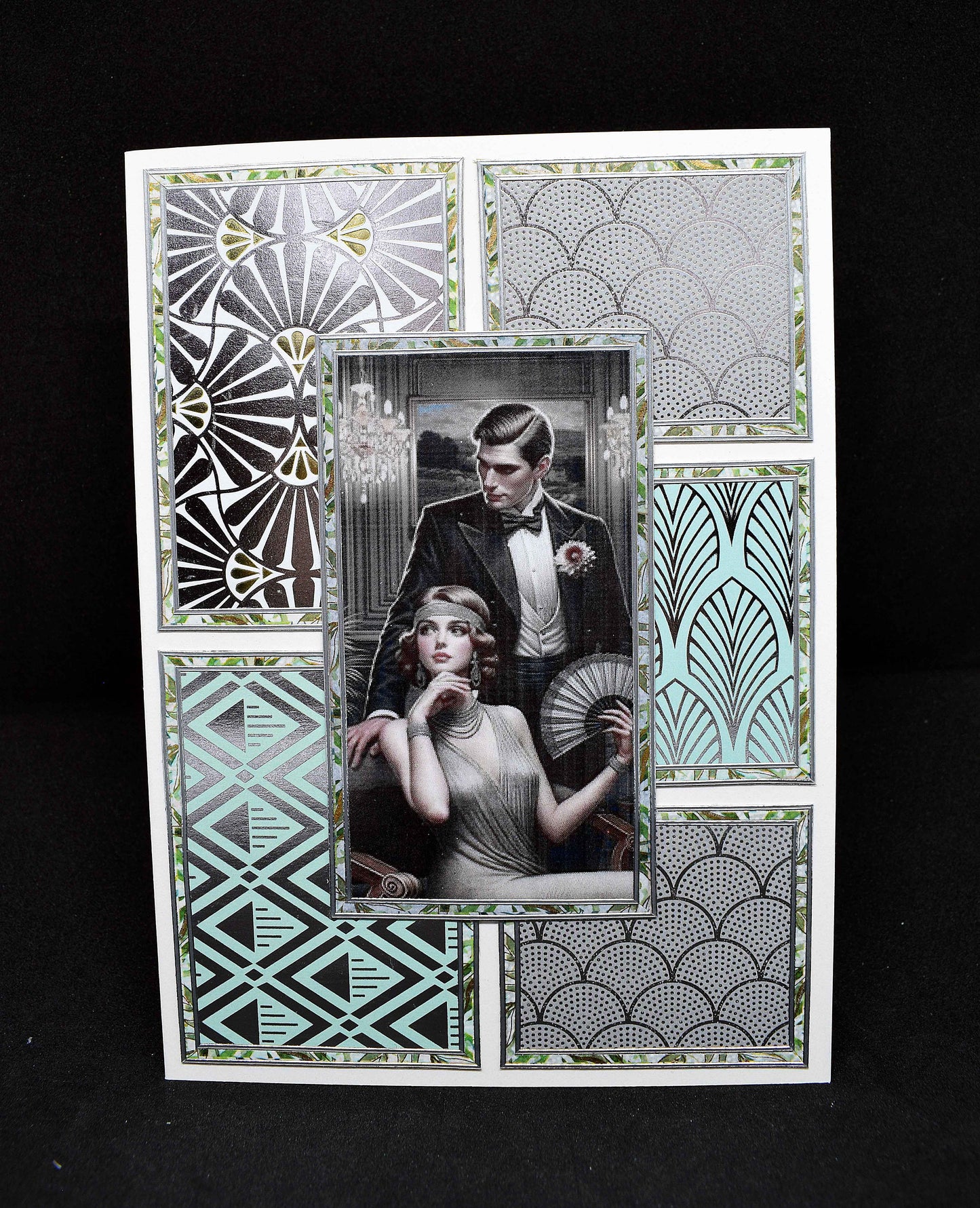 Carte Art Déco couple 3D - femme à l'éventail - carte élégante années 20 – création artisanale