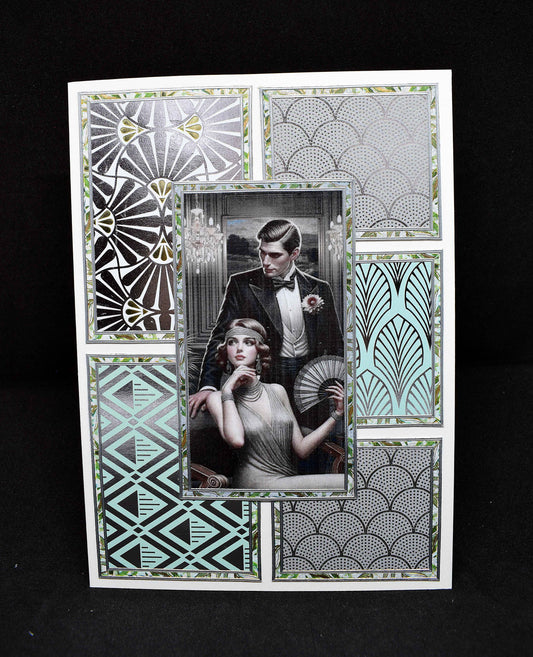 Carte Art Déco couple 3D - femme à l'éventail - carte élégante années 20 – création artisanale