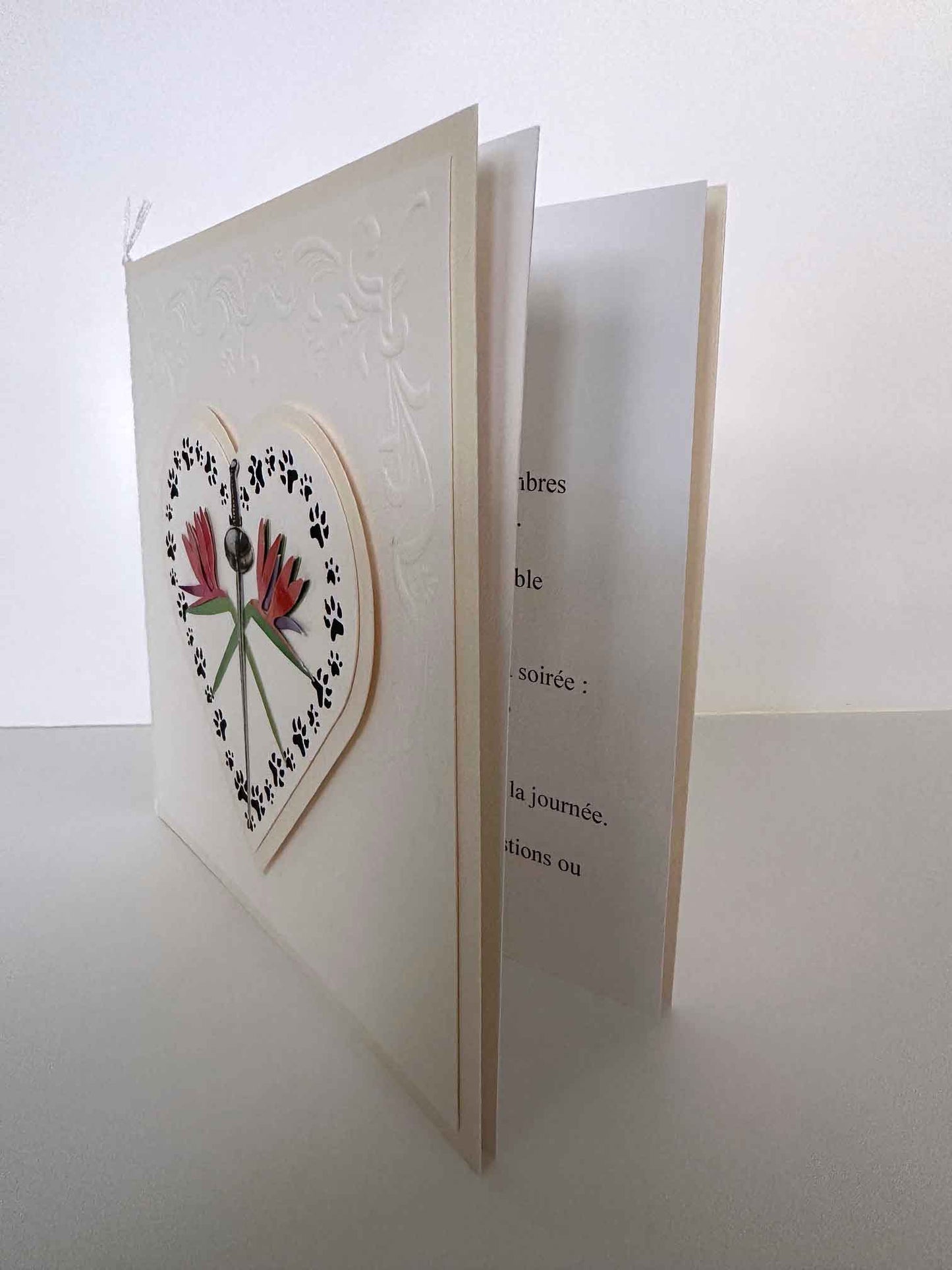 Carte de mariage artisanale 3D coeur - faire-part élégant avec strelizia et fleuret