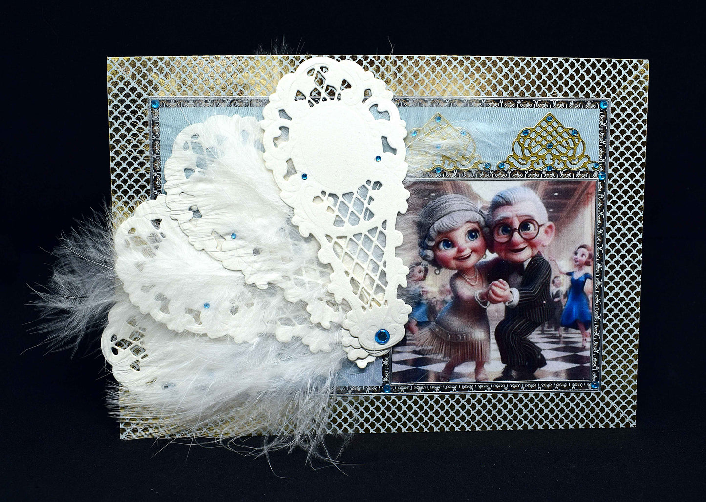 Carte Art Déco couple 3D – carte élégante style années 20 à l'éventail – création artisanale unique