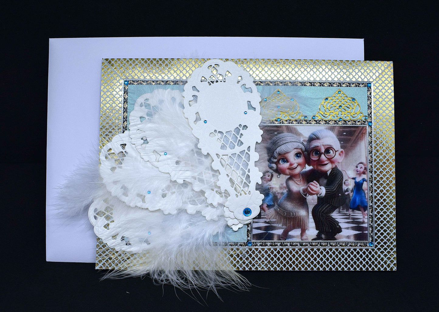 Carte Art Déco couple 3D – carte élégante style années 20 à l'éventail – création artisanale unique