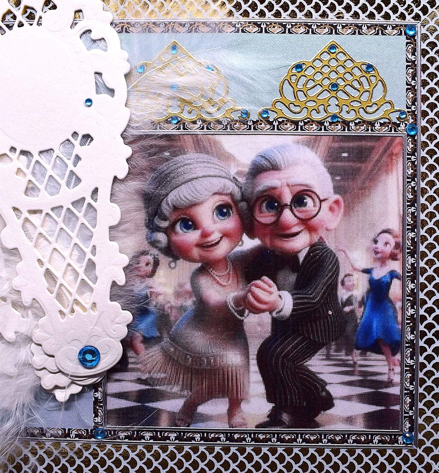 Carte Art Déco couple 3D – carte élégante style années 20 à l'éventail – création artisanale unique
