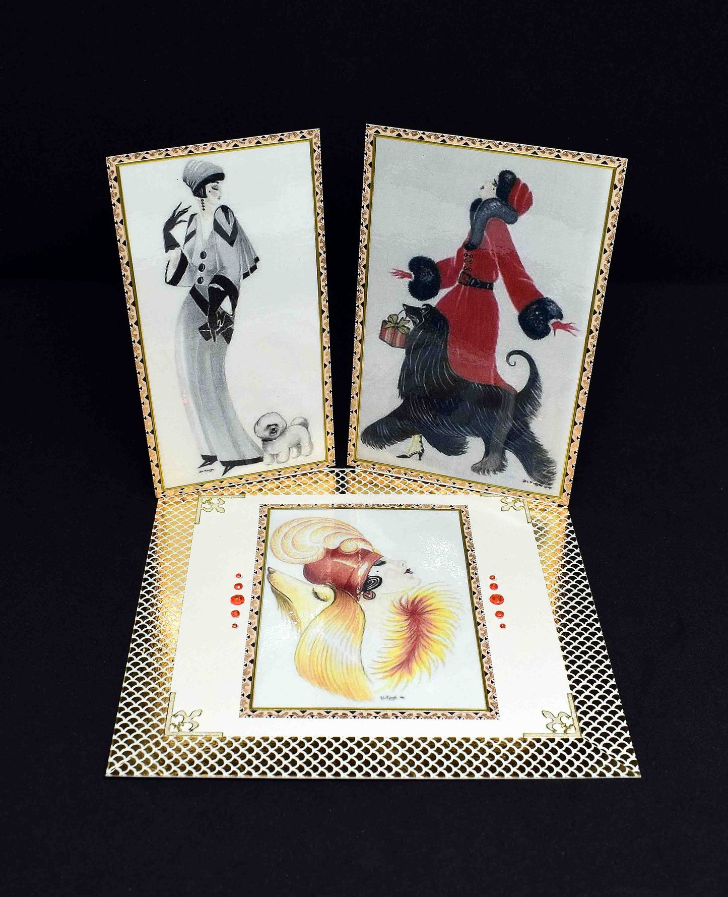 Carte Art Déco femme 3D – carte élégante style années 20 – création femmes aux chiens personnalisable