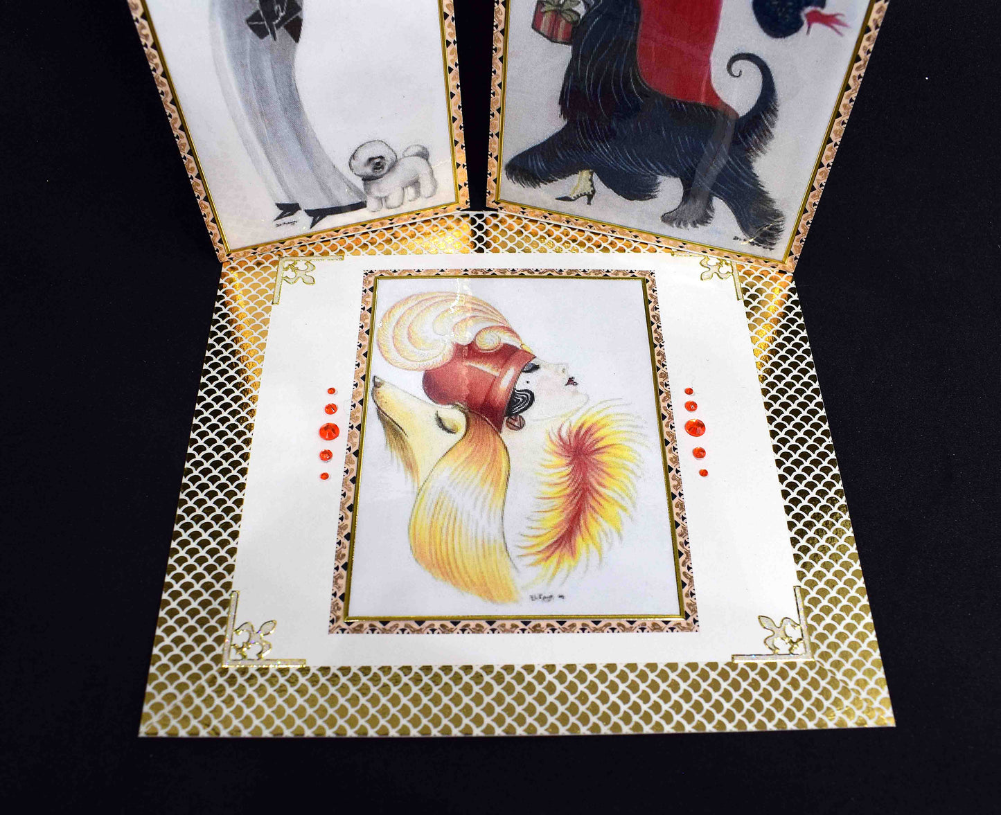 Carte Art Déco femme 3D – carte élégante style années 20 – création femmes aux chiens personnalisable