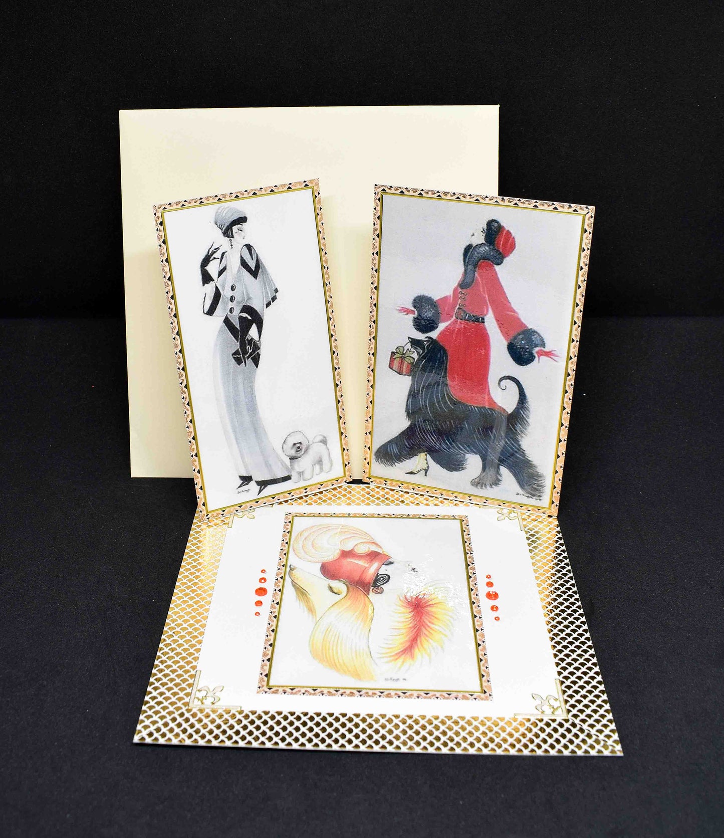 Carte Art Déco femme 3D – carte élégante style années 20 – création femmes aux chiens personnalisable