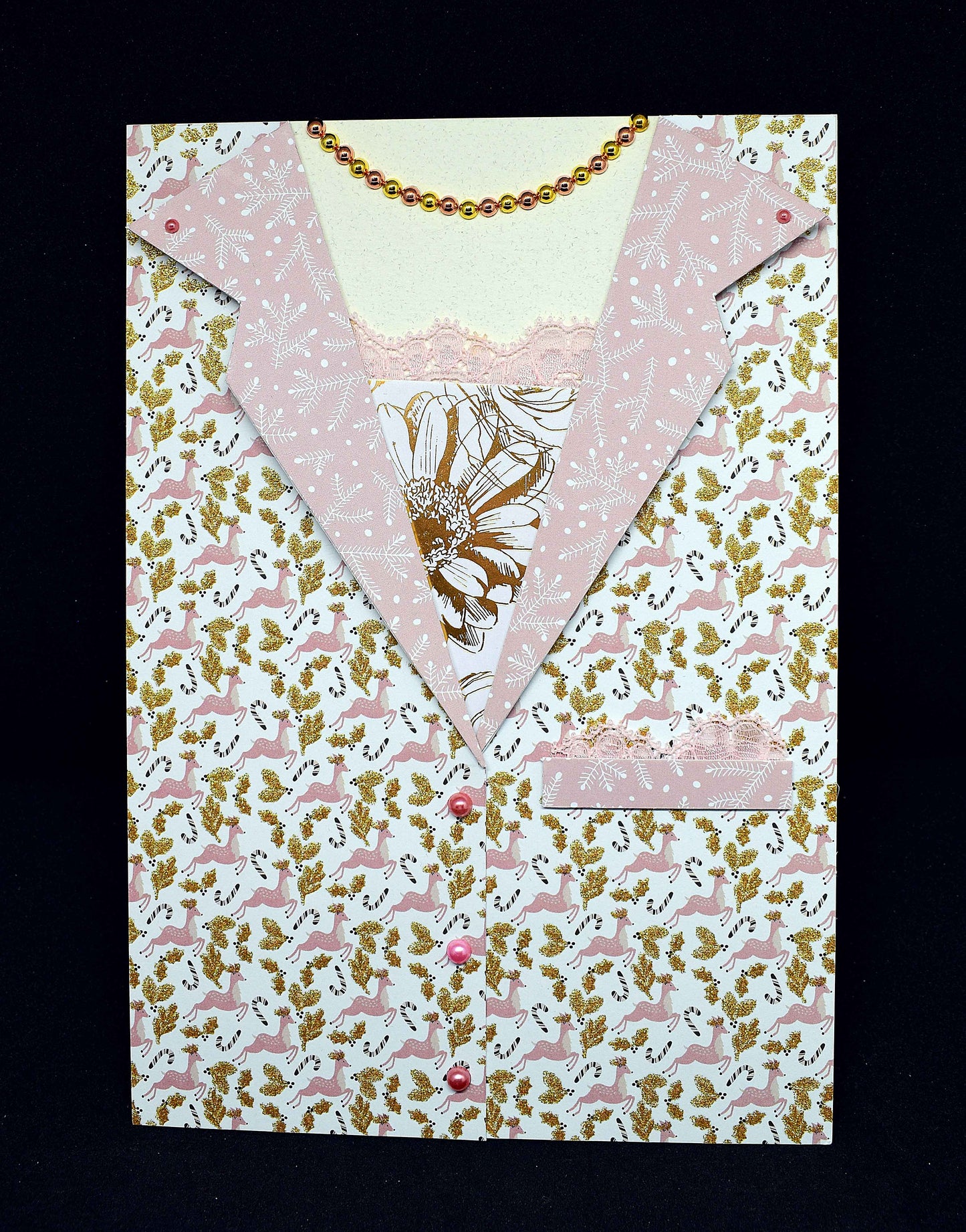 Carte anniversaire élégante motif veste et collier de perles - création artisanale personnalisable