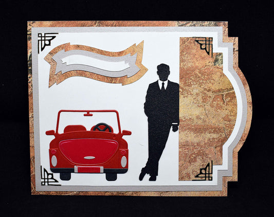 Carte d'anniversaire faite main - silhouette homme et voiture – création artisanale
