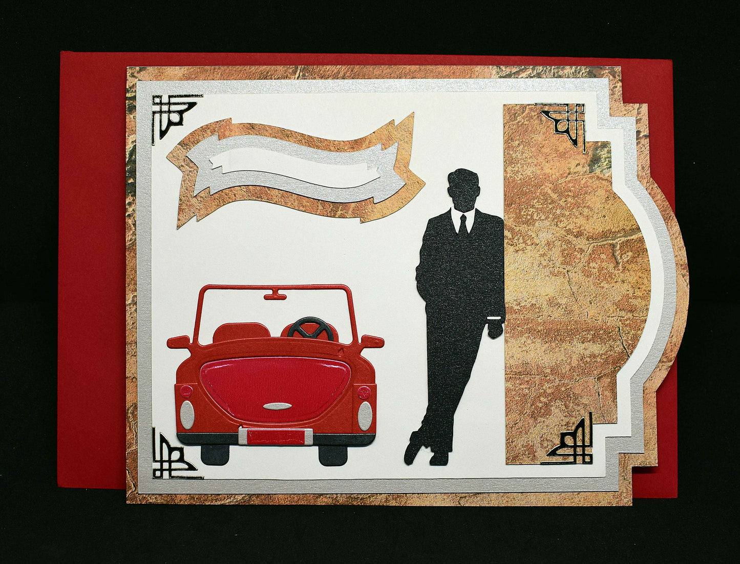 Carte d'anniversaire faite main - silhouette homme et voiture – création artisanale
