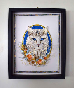 Cadre portrait animalier 3D sculpture en papier d'un chat main coon blanc