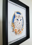 Cadre portrait animalier 3D sculpture en papier d'un chat main coon blanc