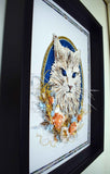 Cadre portrait animalier 3D sculpture en papier d'un chat main coon blanc