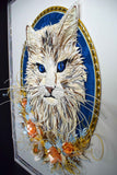 Cadre portrait animalier 3D sculpture en papier d'un chat main coon blanc