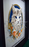 Cadre portrait animalier 3D sculpture en papier d'un chat main coon blanc