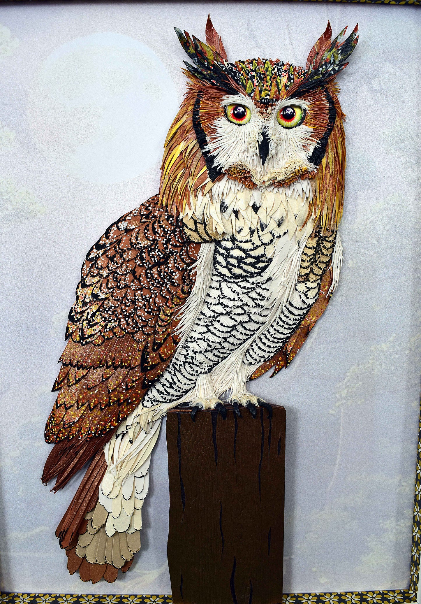 Cadre hibou en sculpture papier 3D - création artisanale