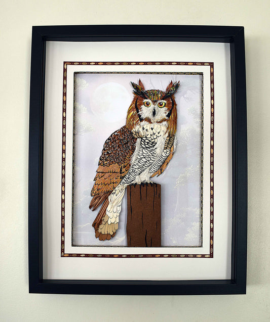 Cadre hibou en sculpture papier 3D - création artisanale
