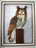 Cadre portrait animalier 3D sculpture en papier d'un hibou marron et blanc