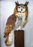 Cadre portrait animalier 3D sculpture en papier d'un hibou marron et blanc