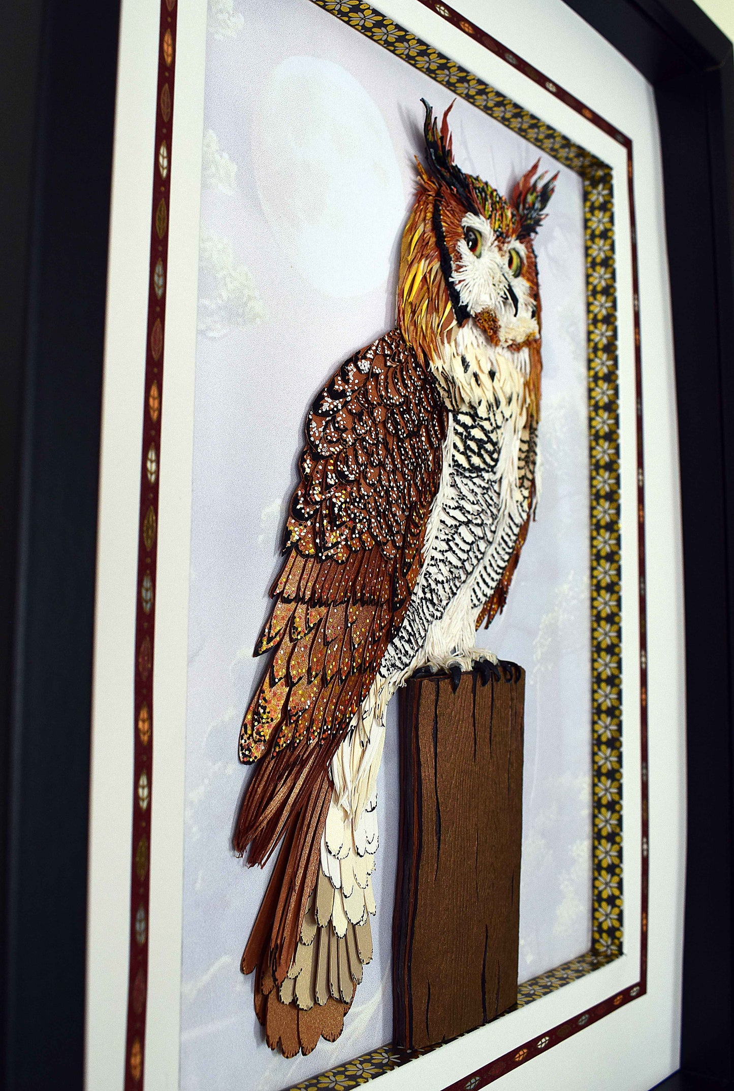 Cadre hibou en sculpture papier 3D - création artisanale