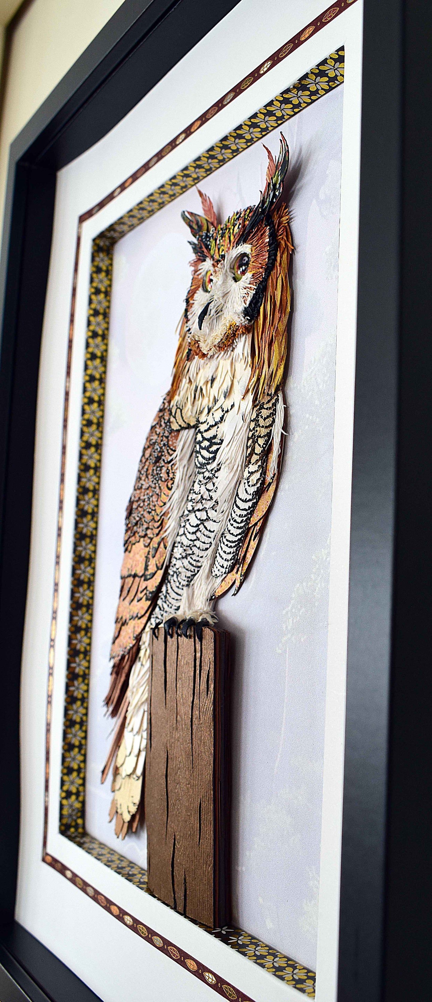 Cadre hibou en sculpture papier 3D - création artisanale