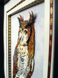 Cadre portrait animalier 3D sculpture en papier d'un hibou marron et blanc