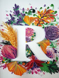 Tableau monogramme R décoratif pour chambre  façon quilling motif R aux fleurs