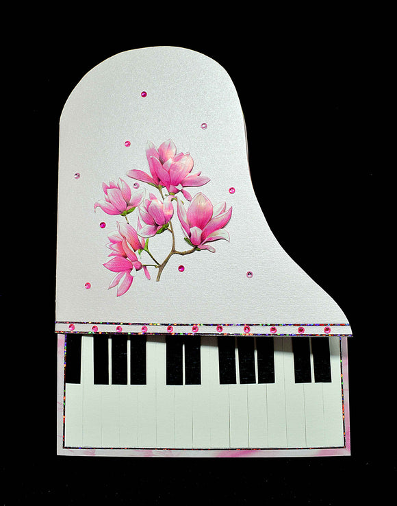 Carte d'anniversaire forme piano motif magnolias en 3D