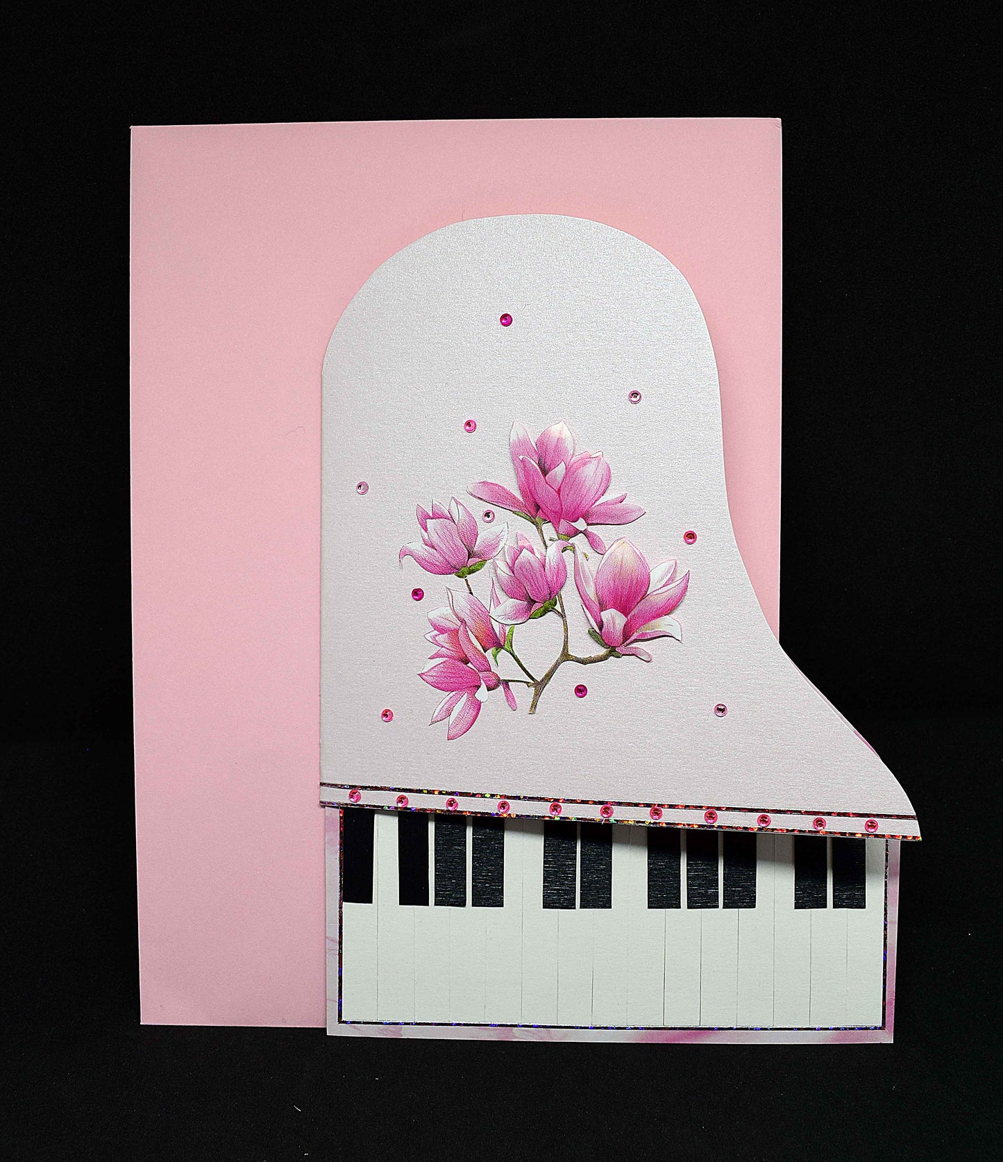 Carte piano 3D rose - carte anniversaire originale pour musicien - création artisanale