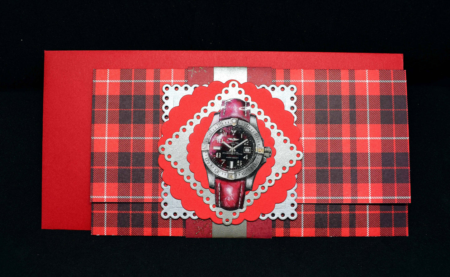 Carte pochette noel montre en relief - Carte cadeau artisanale personnalisable pour chèque et billet